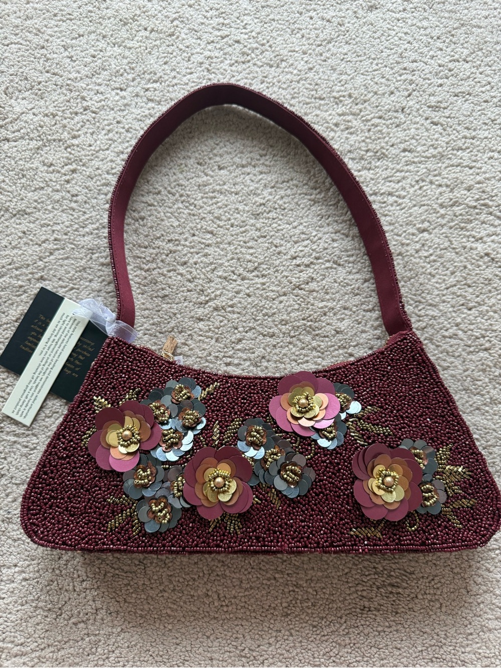 Fall Beaded Floral Shoulder Bag in Burgundy